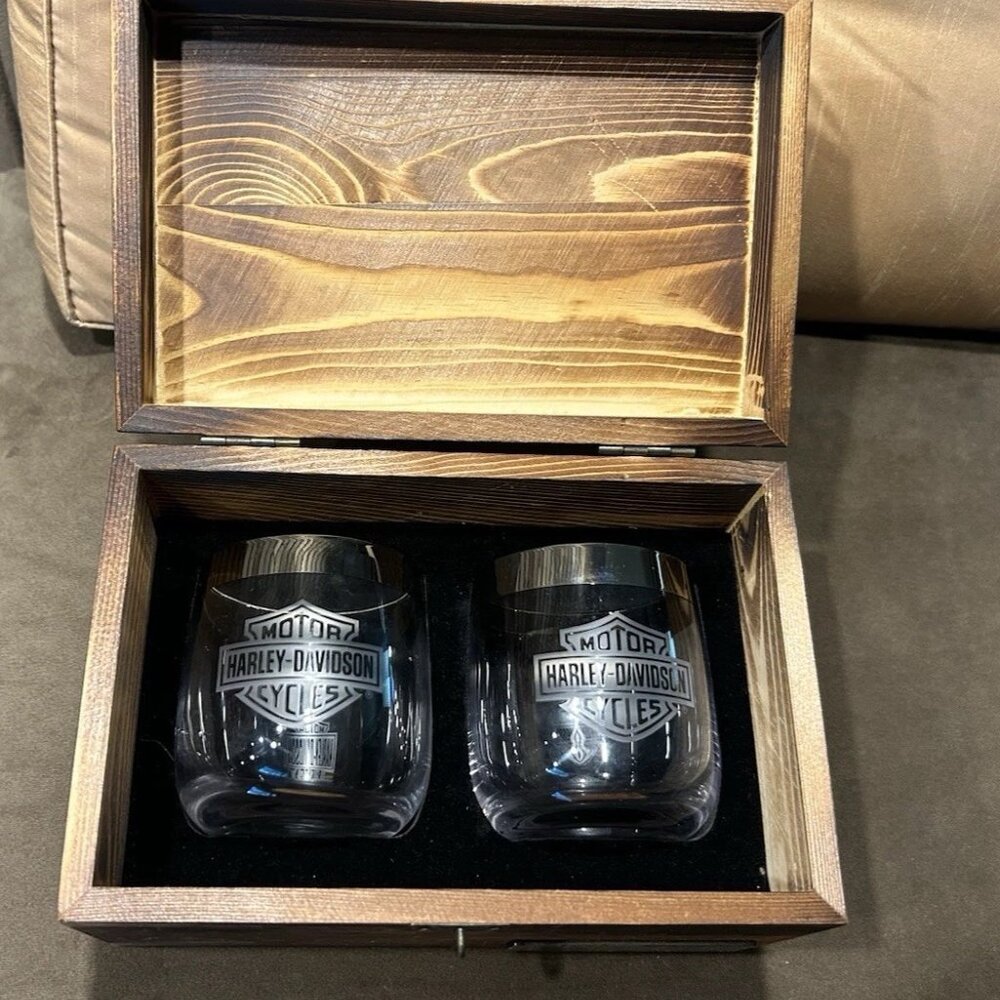 VTG HARLEY DAVIDSON HIGHBALLS GLASSES COLLECTABLE BOX SMOKEY MOUNTAIN HARLEY DAD